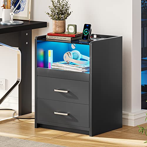 VIAGDO Nightstand with Charging Station and LED Lights, Black Night Stand with Glass Top and Storage Drawers, End Side Tables with Pull-Out Tray and USB Ports, Modern Bedside Tables for Bedro - WoodArtSupply