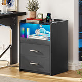 VIAGDO Nightstand with Charging Station and LED Lights, Black Night Stand with Glass Top and Storage Drawers, End Side Tables with Pull-Out Tray and USB Ports, Modern Bedside Tables for Bedroom VIAGDO