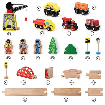 Qilay Wooden Train Set for Toddler - 39 Pcs Wooden Train Tracks with Crane, Bridge & 5 Wooden Trains - Train Toys for 3,4,5 Year Old Boys & Girls - - WoodArtSupply