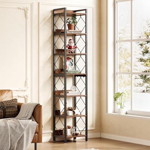 LITTLE TREE Corner Book Shelf, 78.7" Tall Narrow Bookcase, 7-Tier Skinny Wooden Display Shelves with Sturdy Metal Frame for Living Room, Modern Slim Standing Bookshelves for Office Shelf, Small Spaces LITTLE TREE