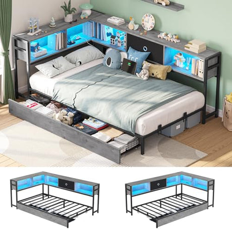 Hasuit Twin Corner Bed Frame with Storage Drawers and Bookcase Headboard, Twin Size Metal Platform Corner Bed Frame with Charging Station and LED Lights, Twin Daybed for Kids Teens Guests, Oak Gray Hasuit