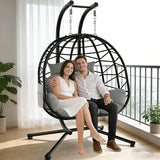 Suteck Double Hanging Egg Chair with Stand, Outdoor Indoor 2 Person Wicker Egg Swing Chair with Cushion, 700lbs Capacity for Patio, Bedroom, Garden - Black