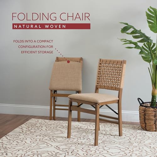 Linon Bennett Natural Folding Chair with Woven Rope Back and Linen Upholstered Seat Set of 2 - WoodArtSupply