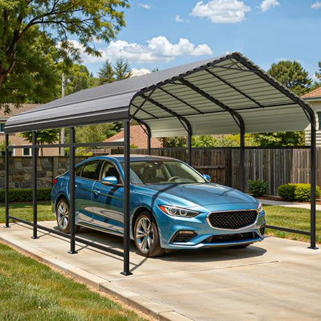 Patiowell 10'x15' Metal Carport, Heavy Duty Carport Canopy with Reinforced Frame and Galvanized Steel Roof, All-Weather Outdoor Car Shelter for Car, Truck, Boat and Tractor, Black Patiowell