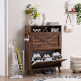 Joaxswe Shoe Storage Cabinet with 2 Flip Drawers, Farmhouse Shoes Organizer for Entryway, Narrow Hidden Shoe Rack with Legs & Open Storage, Freestanding Shoe Closet for Foyer, Hallway, Brown Walnut Joaxswe