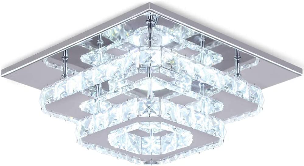 FRIXCHUR Crystal Ceiling Light Square Chandelier Modern LED Flush Mount 2 Layers Ceiling Lamp Lighting Fixture for Dining Room Living Room Bedrooms Kitchen Hallway Foyer (Cool White) FRIXCHUR