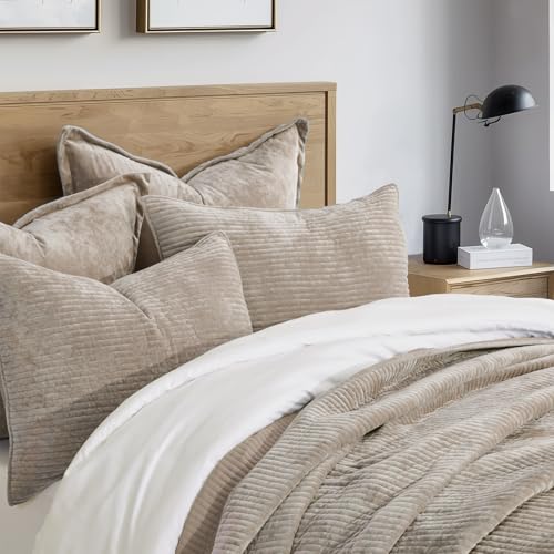 EVERGRACE Velvet Quilt Set King Size, Luxurious Soft Quilted Bedding Sets, Lightweight Velvet Comforter for All Season, Striped Channel Bedspread Coverlet with 2 Shams, Urban Taupe EVERGRACE