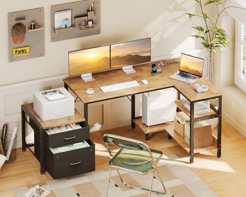 Casaottima L Shaped Desk with Drawers & File Cabinet, Reversible Computer Desk with Storage Shelves & CPU Stand, Corner Desk with Power Outlets, L Desk for Home Office, Rustic Brown Casaottima