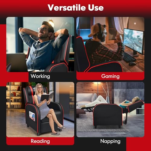 GYMAX Gaming Recliner, Massage Gaming Chair with Adjustable Footrest, Remote Control & Side Pocket, Ergonomic Game Lounge Chair, Racing Style Single Theater Seat Game Sofa for Adults (Red)