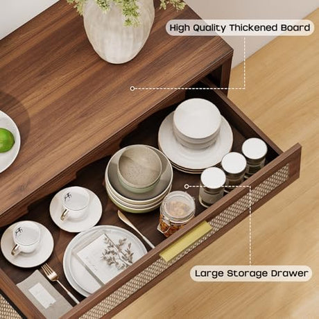 Curlaky Rattan Buffet Cabinet with Storage, Sideboard Cabinet with Doors and Shelves, Accent Coffee Bar with Drawers, Farmhouse Kitchen Storage Cabinets, Wood credenza for Entryway, Living Room Walnut Curlaky