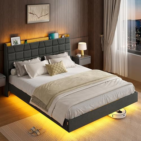 VASAGLE Queen Size Floating Bed Frame with LED Lights, Upholstered Queen Bed Frame with Charging Station, Tufted Storage Headboard, Noise-Free, No Box Spring Needed, Dark Gray URMB851G71SV1 VASAGLE