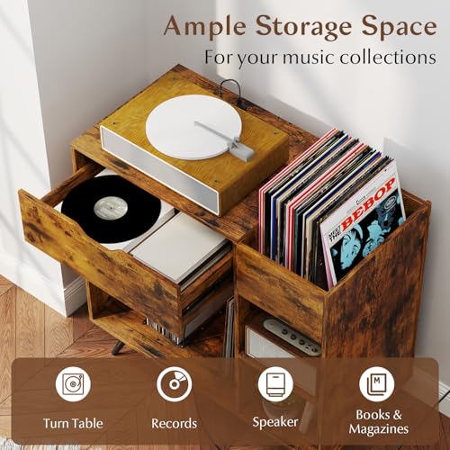 LOKO Record Player Stand with Charging Station, Vinyl Record Holder with Removable Divider, Industrial Turntable Display Stand, Record Storage Table Cabinet for Living Room, Bedroom, Rustic Brown LOKO