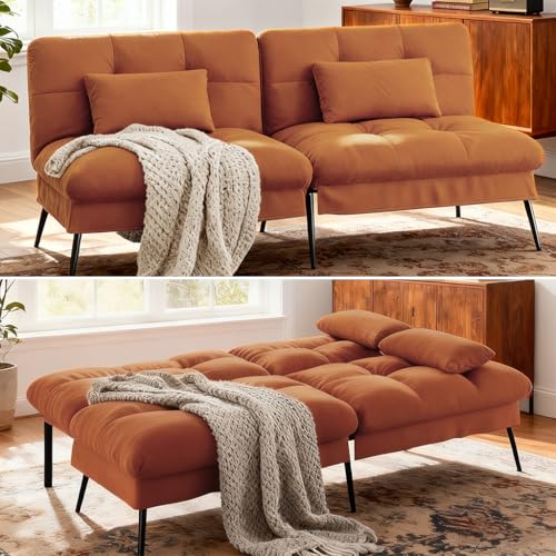 COMHOMA Convertible Sofa Bed,68″Fabric Couch with Adjustable Backrest,Loveseat Recliner Sleeper Living Room Furniture futon Set,Orange COMHOMA