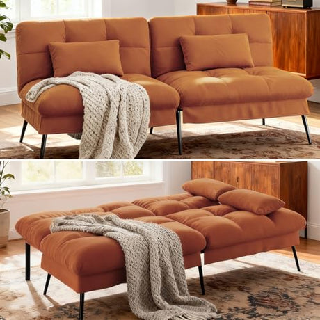 COMHOMA Convertible Sofa Bed,68″Fabric Couch with Adjustable Backrest,Loveseat Recliner Sleeper Living Room Furniture futon Set,Orange COMHOMA