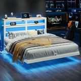 kozfrn Floating Bed Frame Full Size with Storage Headboard,Modern Metal Platform with Smart LED Lights and Charging Station,Metal Slat Support,No Box Spring,Easy Assembly,Noise-Free,White kozfrn