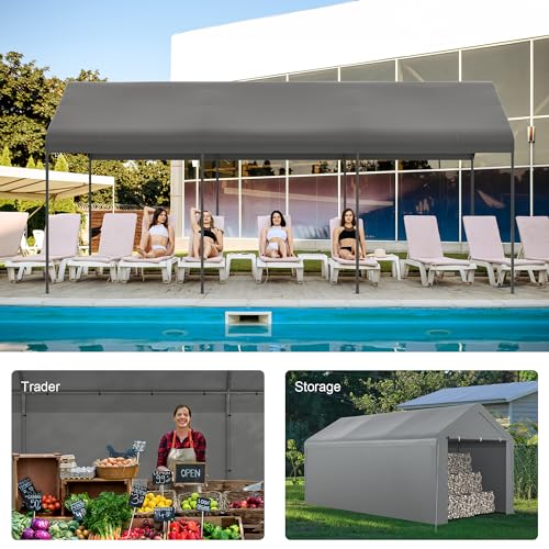 Carport, 10‘ x 20’ Heavy Duty Portable Garage All-Season Car Canopy w/Removable Sidewall & Doors, Carport Canopy Party Tent w/Water-Resistant Tarp for Backyard (Grey, 10‘ x 20’) Phonjoroo