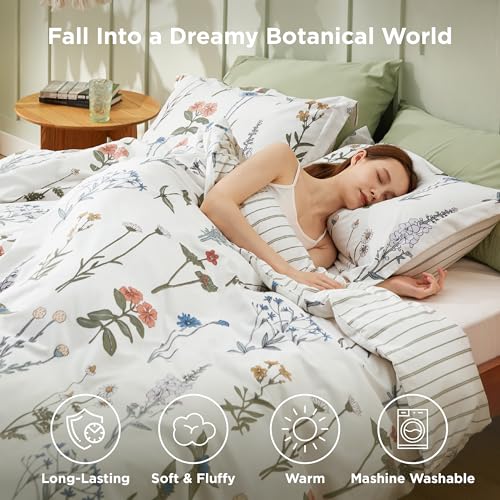 Bedsure Twin/Twin XL Comforter Set - Twin Extra Long Comforter Set, Cute Floral Dorm Bedding, 2 Pieces, 1 Soft Reversible Coconut White Botanical Flowers Comforter and 1 Pillow Sham Bedsure