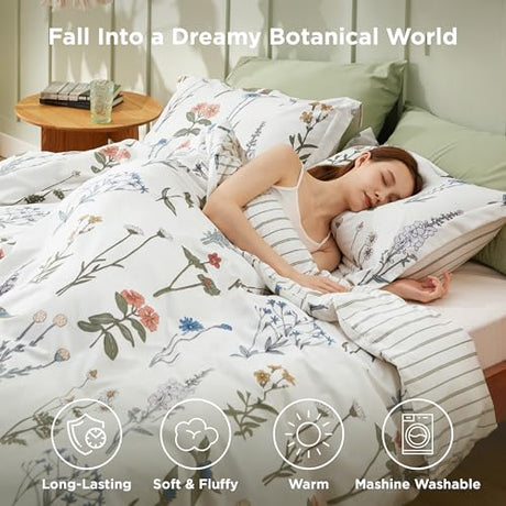Bedsure Twin/Twin XL Comforter Set - Twin Extra Long Comforter Set, Cute Floral Dorm Bedding, 2 Pieces, 1 Soft Reversible Coconut White Botanical Flowers Comforter and 1 Pillow Sham Bedsure