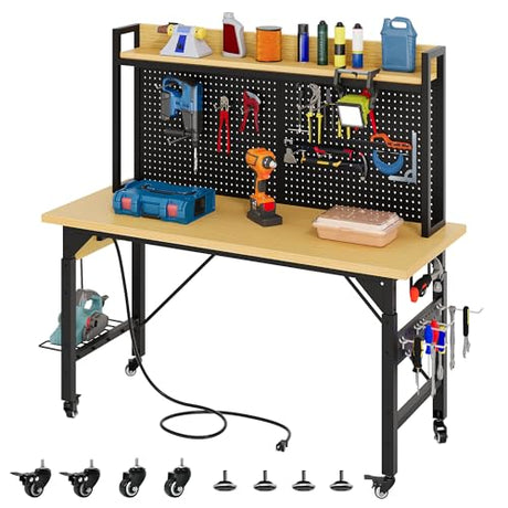 YITAHOME 48" Adjustable Workbench with Pegboard, Wheels, 1600 LB Capacity, Rolling Work Table with AC/USB Outlets, Hooks, and Rack, Heavy-Duty Work Bench for Garage, Workshop, Office YITAHOME
