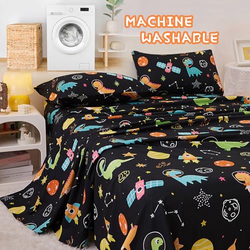 Yibeizi Dinosaur Space Twin Sheets Set for Boys, Kids Cute Planet Printed Microfiber Bedsheets Deep Pocket Bed Sheet & Pillowcase Sets 3 Pieces Yibeizi