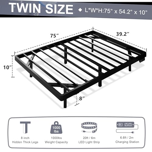 Feonase Twin Size Floating Bed Frame with Charging Station and LED Lights, Metal Bed Frame with Heavy Duty Steel Slats Supports, No Box Spring Needed, Easy Assembly, Black Feonase