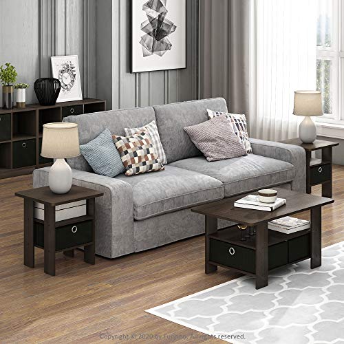 Furinno Andrey Set of 2 End Table / Side Table / Night Stand / Bedside Table with Bin Drawer, Dark Brown/Black Furinno