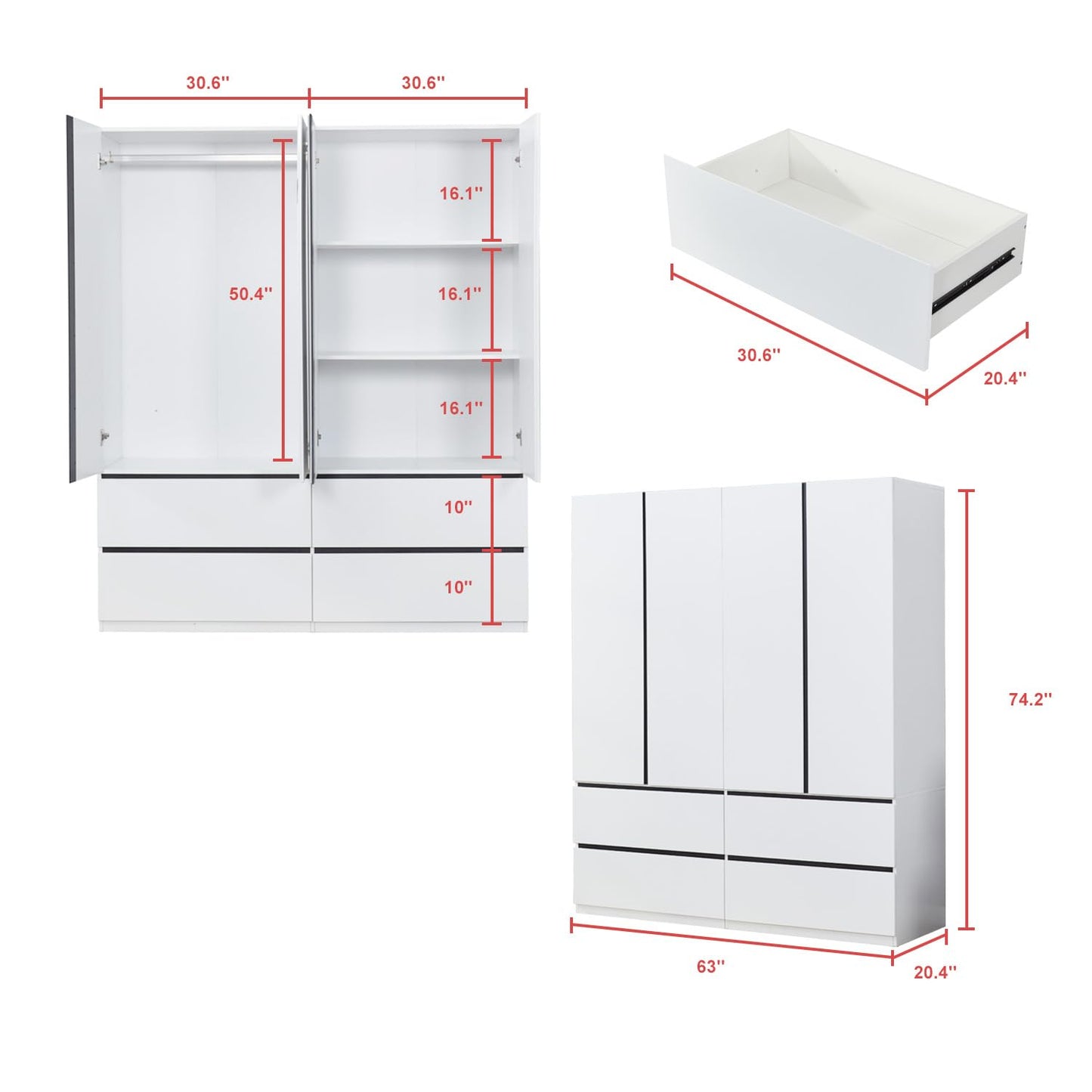 ModMakers 74.2" Tall 4-Doors 4 Drawers White Wardrobe Armoire Closet, Wood Minimalist Freestanding Storage Cabinet for Bedroom Bathroom with Hanging Rod Shelf, Wooden Clothes Shoes Organizer