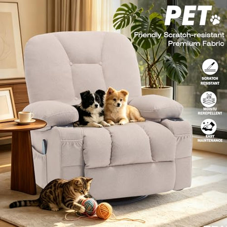 REFICCER Rocker Recliner Chair with Massage and Heat, Oversized Rocking Nursery Recliners Overstuffed Swivel Glider with Cup Holder, Fabric Manual Single Sofa for Living Room, Beige REFICCER
