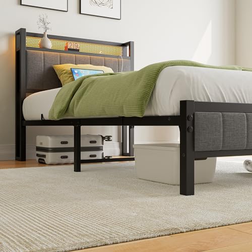 Twin Bed Frame with Charging Station and LED Lights,Upholstered Headboard with Storage Shelves,Metal Single Platform Bed Frame Twin Size with Strong Metal Slats Support No Box Spring Needed,Noise Free BOFENG