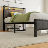 Twin Bed Frame with Charging Station and LED Lights,Upholstered Headboard with Storage Shelves,Metal Single Platform Bed Frame Twin Size with Strong Metal Slats Support No Box Spring Needed,Noise Free BOFENG