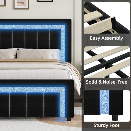 Queen Size Bed Frame with LED Lights and Velvet Upholstered Headboard, Bed Frame Queen Size with Modern Diamond Headboard Adjustable, Wooden Slats Support, Noise Free, No Box Spring Needed, Black HOMBCK