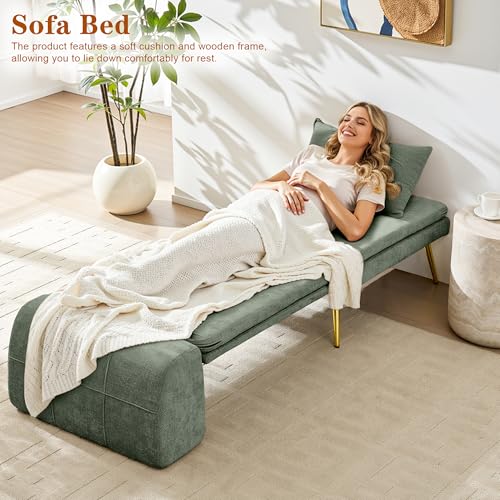 wanan Convertible Sofa Bed, 3-in-1 Futon Sleeper Chair with Back Support & Pillow, Chenille Fabric Single Daybed with Solid Wood Frame & Sturdy Metal Legs, for Living Room Bedroom, Vintage Green wanan