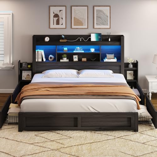 AMERLIFE King Size Bed Frame with LED Headboard, 4 Storage Drawers & Charging Station AMERLIFE