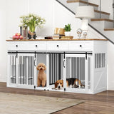 Real Relax 71” Large Dog Crate Furniture for 1 or 2 Dogs with Sliding Door, Heavy Duty Dog Kennel Furniture for Small/Medium Dogs with 4 Bowls, Dog Cage with Steel Frame, White Real Relax