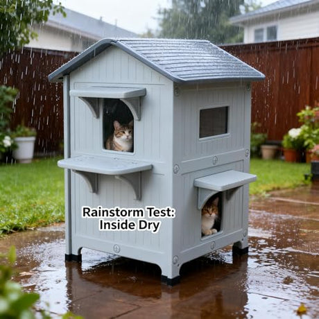 Weatherproof Outdoor Insulated Cat House for Feral Multi Cat, 2 Storey Plastic Elevated Cat Shelter with Escape Door, Easy Assemble, Expansive Interior‌ Grey 34" D x 21" W x 21.5" H HiCaptain