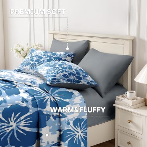 Nesker Comforter Set Full Size, Hawaiian Hawaii Flower 7 Pcs Bedding for Kids and Adults, Surf Hibiscus Floral Bed Sheet Sets with Fitted Sheet 2 Pillowcases & 2 Shams Nesker
