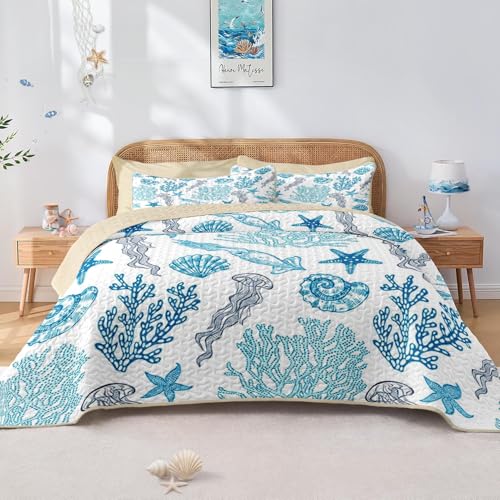 Pamnest Quilt Set Twin Size, Ocean Beach Nature 2 Pcs Soft Bed Cover Bedding Set, Sea Animal Coastal Lightweight Bedspread Coverlet with Pillow Sham for All Season Pamnest