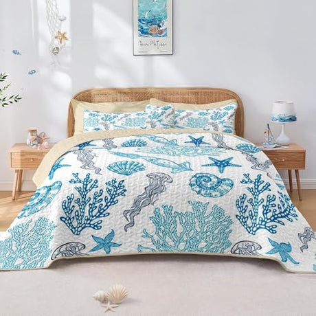 Pamnest Quilt Set Twin Size, Ocean Beach Nature 2 Pcs Soft Bed Cover Bedding Set, Sea Animal Coastal Lightweight Bedspread Coverlet with Pillow Sham for All Season Pamnest
