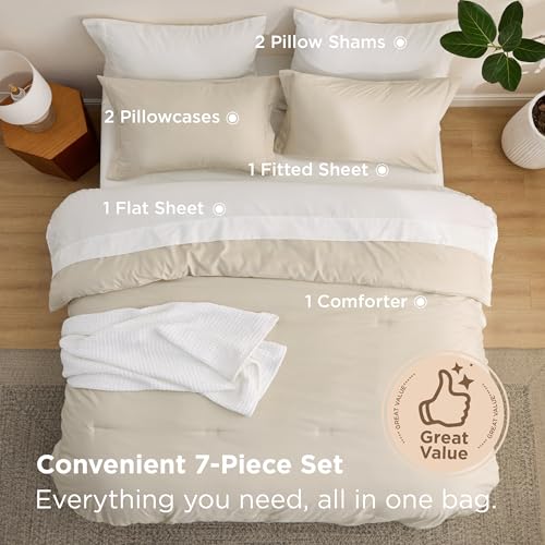 Bedsure Queen Comforter Set - 7 Pieces Beige Queen Bedding Set for All Seasons, Boho Contrasting Design Bed in a Bag with Comforter, Sheets, Pillowcases & Shams Bedsure