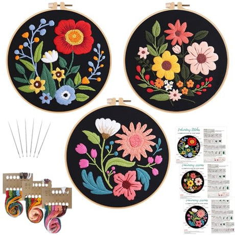 Louise Maelys 3 Sets Flowers Embroidery Kits for Beginners,Cross Stitch Kit for Adults,Crewel Starters Needlepoint with Floral Pattern,Hoop,Threads and Instruction Louise Maelys