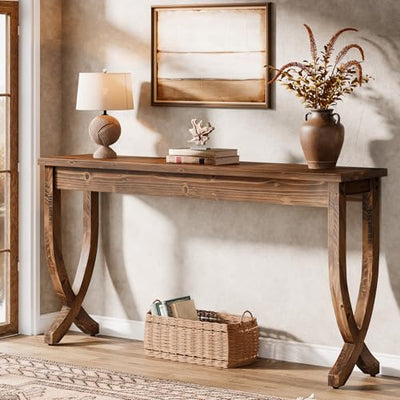 TRIBEWOOD Solid Wood Console Table for Entryway, 63-Inch Long Sofa Table, Farmhouse Hallway Table for Living Room, Entrance, Foyer (Brown)