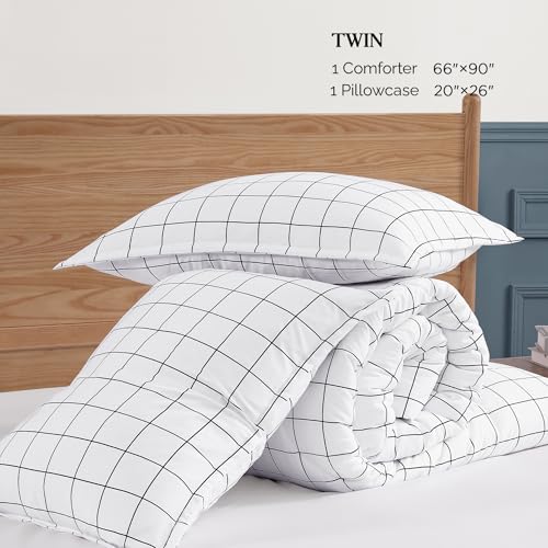 Andency White Grid Comforter Set Twin Size (66x90 Inch), 2 Pieces(1 Grid Comforter and 1 Pillowcase), Summer Lightweight Microfiber Down Alternative White Comforter with Black Lines for Kids Girls Andency