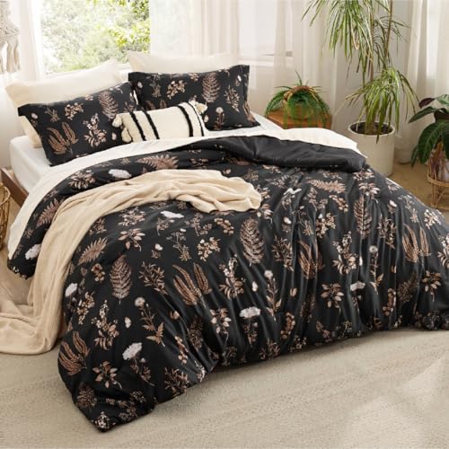 Bedsure Comforter Set Twin/Twin XL Size - Cute Floral Comforter, Black Bedding Comforter Sets, 1 Soft Reversible Botanical Flowers Comforter and 1 Pillow Sham Bedsure