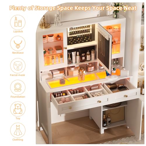 Semoic White Makeup Vanity Desk with LED Mirror and RGB Lights and Power Outlet, Morden Glass Top Vanity Table with Drawer & Storage Cabinet & Adjustable Shelves, Large Dressing Table for Bedroom Semoic