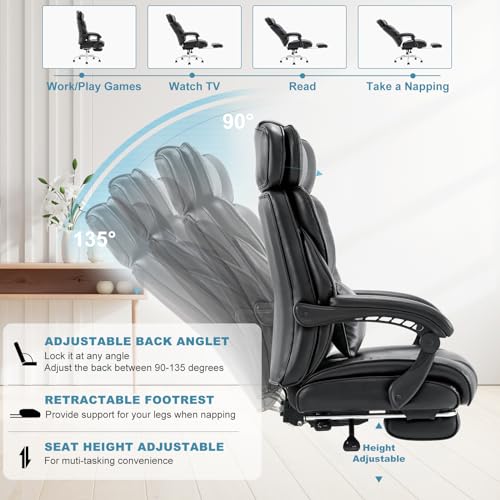 COLAMY Office Chair with Retractable Footrest, Ergonomic High Back Design Executive Computer Desk Chair with Removable Lumbar Pillow, 90-135°Reclining, Thick Bonded Leather for Home Office Work, Black COLAMY