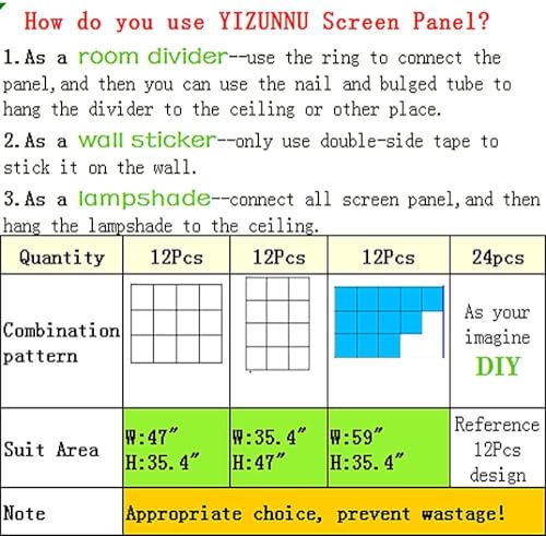 Yizunnu Hanging Room Divider,White DIY Panel Screens Partition,12 Pieces Wood-Plastic Panel Screen,Wall Dividers Room Decoration for Home Bedroom Office Shop Decor, 11.4" x 11.16" YIZUNNU