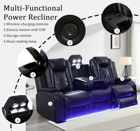 SITYRUBE Power Leather Recliner Sofa Set with LED Lights, Power Reclining Couch Set，Leather Living Room Sofa 3 Pieces with Coffee Table/Cup Holder for House/Home Theater(Black,6 Seater) SITYRUBE