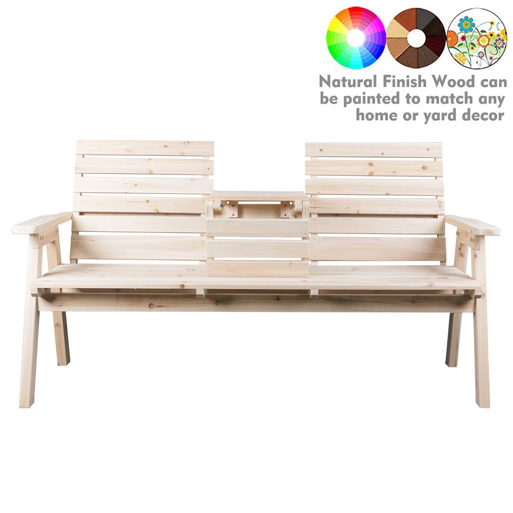 Kdgarden Cedar/Fir Log Wood Patio Garden Bench with Foldable Table, Outdoor Wooden Porch 3-Seat Bench Chair for Garden Balcony Patio Backyard, Natural Finish Kdgarden