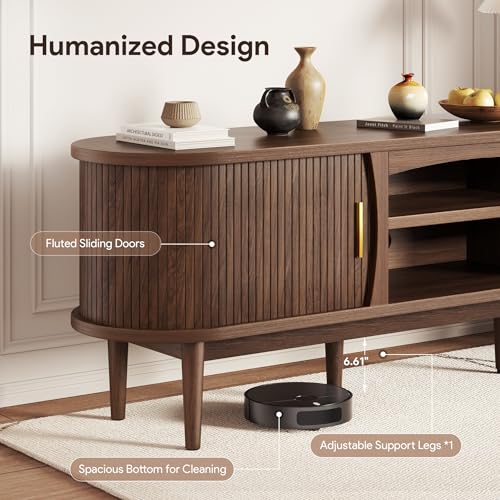 Decofy Mid Century TV Stand for TVs up to 80 Inches, Entertainment Center with Storage, Power Outlet, Fluted Sliding Doors & Adjustable Shelves, Modern Media TV Console Table for Living Room (Walnut) Decofy