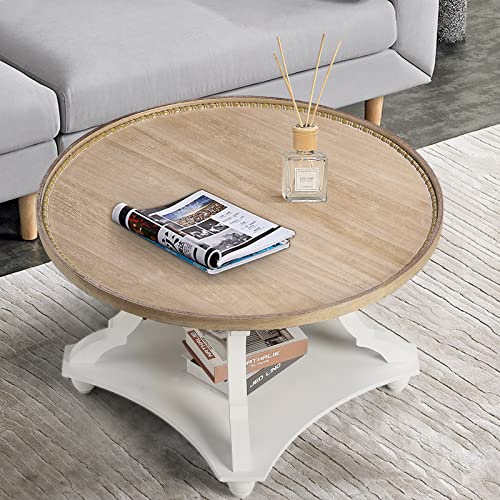 Wnutrees Farmhouse Round Coffee Table,Wood Tray Top Circle Coffee Table with Storage Shelf Rustic Style for Living Room and Vintage Finish,White Wnutrees